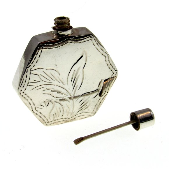 Solid 925 Sterling Silver Etched Floral Hexagon Perfume Bottle with Dip Stick - Picture 8 of 8